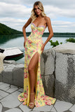Yellow Floral Mermaid Sweetheart Corset Long Prom Dress with Slit