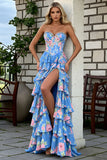 Blue Pink Flower A-Line Sweetheart Ruffled Long Prom Dress with Slit