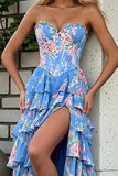 Blue Pink Flower A-Line Sweetheart Ruffled Long Prom Dress with Slit