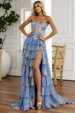 Strapless Blue Pink Flower Tiered A-Line Long Prom Dress with Slit