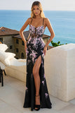 Black Pink Flower Mermaid Corset Long Prom Dress with Slit