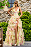 Halter Yellow Floral A-Line Corset Tiered Long Prom Dress with Slit