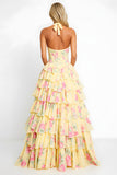 Halter Yellow Floral A-Line Corset Tiered Long Prom Dress with Slit