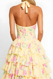 Halter Yellow Floral A-Line Corset Tiered Long Prom Dress with Slit