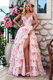 Pink Flower Tiered A-Line Corset Long Prom Dress with Slit