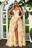 Yellow Floral Sweetheart Tiered A-Line Corset Long Prom Dress with Slit