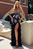 Black Pink Flower Mermaid Spaghetti Straps Long Prom Dress with Slit