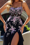 Black Pink Flower Mermaid Spaghetti Straps Long Prom Dress with Slit