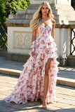 Sweetheart Pink Flower Tiered A-Line Long Prom Dress with Slit