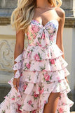 Sweetheart Pink Flower Tiered A-Line Long Prom Dress with Slit