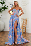 A-Line Strapless Blue Pink Flower Print Long Prom Dress with Slit