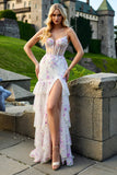 White Pink Flower Mermaid Corset Ruffled Long Prom Dress with Slit