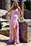 Purple Mermaid Ruffled Spaghetti Straps Long Prom Dress with Slit