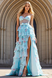 Blue Pink Flower Corset Ruffled A-Line Long Prom Dress with Slit