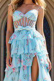 Blue Pink Flower Corset Ruffled A-Line Long Prom Dress with Slit