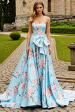 Blue Pink Flower Printed A-Line Long Prom Dress with Bow
