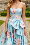 Blue Pink Flower Printed A-Line Long Prom Dress with Bow