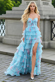 Blue Pink Flower Ruffled Tiered A-Line Long Prom Dress with Slit