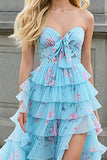 Blue Pink Flower Ruffled Tiered A-Line Long Prom Dress with Slit