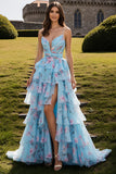 Blue Pink Flower Ruffled A-Line Long Prom Dress with Slit
