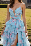 Blue Pink Flower Ruffled A-Line Long Prom Dress with Slit