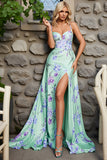 Green Purple Flower A Line Long Satin Prom Dress with Slit