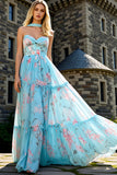 Blue Pink Flower Chiffon A-Line Long Prom Dress