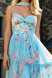 Blue Pink Flower Chiffon A-Line Long Prom Dress