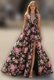 Black Pink Floral Halter Deep V Neck A Line Long Prom Dress with Slit