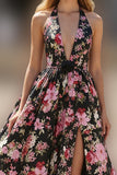 Black Pink Floral Halter Deep V Neck A Line Long Prom Dress with Slit