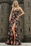 Black Pink Floral Mermaid Strapless Long Prom Dress with Slit