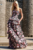 Black Pink Floral A Line Tiered Long Prom Dress with Ruffles