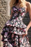 Black Pink Floral A Line Tiered Long Prom Dress with Ruffles