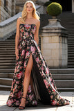 Black Pink Floral Strapless A Line Long Prom Dress with Slit