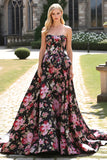 Black Pink Floral Strapless A Line Long Prom Dress with Bowknot
