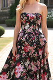 Black Pink Floral Strapless A Line Long Prom Dress with Bowknot