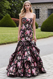 Black Pink Floral Mermaid Long Prom Dress with Ruffled