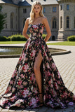 Black Pink Floral Strapless A Line Long Prom Dress with Slit