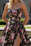 Black Pink Floral Strapless A Line Long Prom Dress with Slit