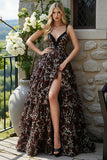 Brown Leopard A Line Tiered Long Prom Dress with Slit