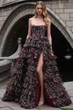 Brown Leopard A Line Ruffled Tiered Long Prom Dress with Slit