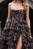 Brown Leopard A Line Ruffled Tiered Long Prom Dress with Slit