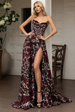 Brown Leopard Cowl Neck A Line Long Strapless Prom Dress with Slit