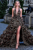 Deep V Neck Brown Leopard A Line Ruffled Tiered Long Prom Dress with Slit