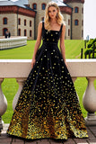 Sparkly Black Golden A Line Square Neck Long Prom Dress with Sequins