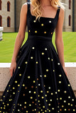 Sparkly Black Golden A Line Square Neck Long Prom Dress with Sequins