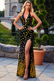 Sparkly Black Golden Sequins Halter Long Prom Dress with Slit