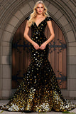 Sparkly Black Golden Mermaid Sequins V Neck Long Prom Dress