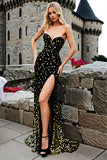 Sparkly Black Golden Mermaid Sequins Strapless Prom Dress with Slit