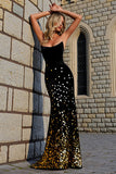 Sparkly Black Golden Sequins Sheath Long Prom Dress
